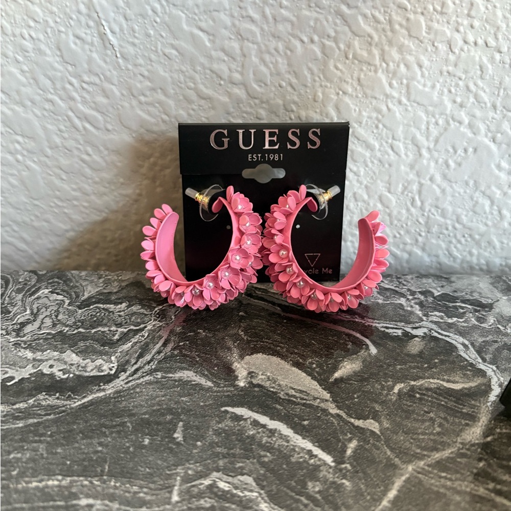 GUESS Pink Floral Hoop Earrings